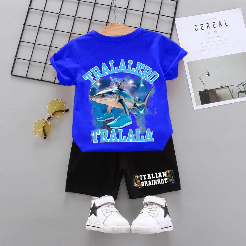 Camiseta italiana Brainrot para niños, conjunto informal de algodón, ropa de verano TungTung Sahur, Tralalero Tralals, camiseta bonita de dibujos animados para niños, pantalones