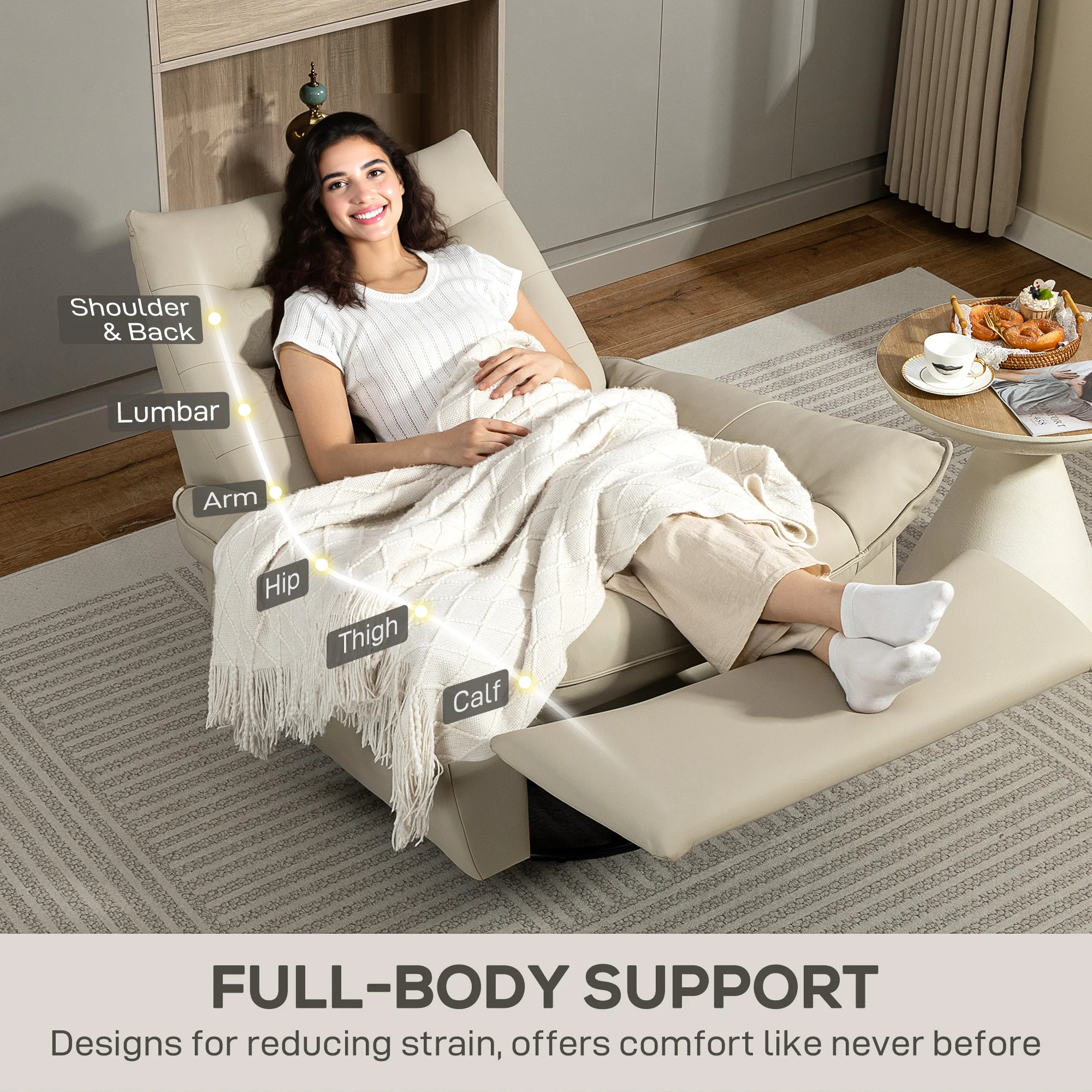 HOMCOM Sillón Relax Reclinable Manual, Sillón Relax Giratorio, Función Balancín, Tapizado en PU, Reposapiés, Asiento Amplio, Acolchado Grueso, Butaca Reclinable hasta 135º, Crema - imagen 5