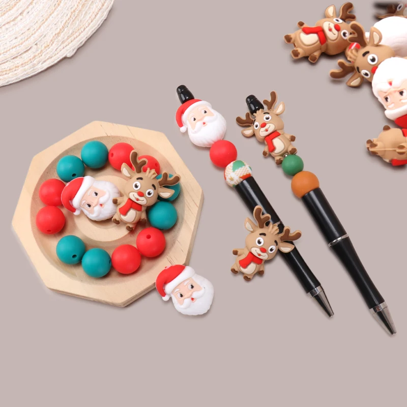 4 Uds. Cuentas de silicona 3D de Papá Noel, cuentas focales de Reno, cuentas artesanales hechas a mano DIY para hacer joyas, bolígrafos de cuentas, llaveros - imagen 4