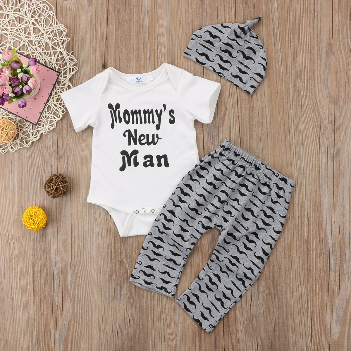 Ropa bonita para recién nacido, mono con estampado de bigote para mamá, Tops, pantalones largos y sombrero, conjunto de 3 piezas de 0 a 18 meses - imagen 2