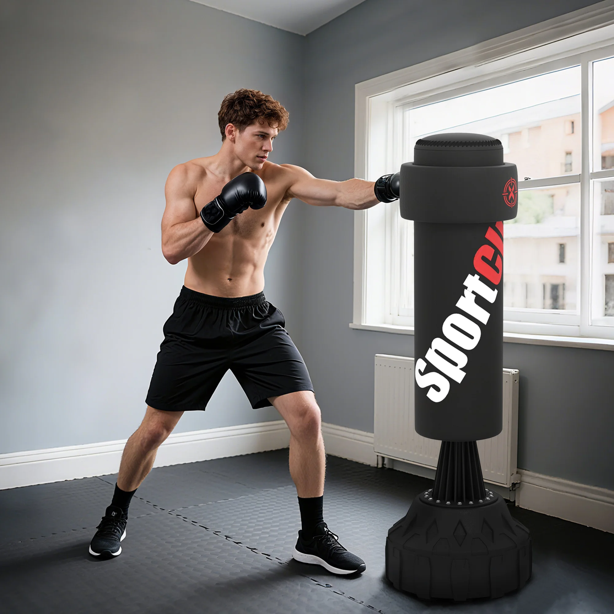 SPORTNOW Saco de Boxeo de Pie 175 cm, Saco de Boxeo para Adultos, Altura Ajustable de Banda 65–175 cm, Base Rellenable con Ventosas, Amortiguador, Incluye Venda, Entrenamiento MMA, Muay, Negro