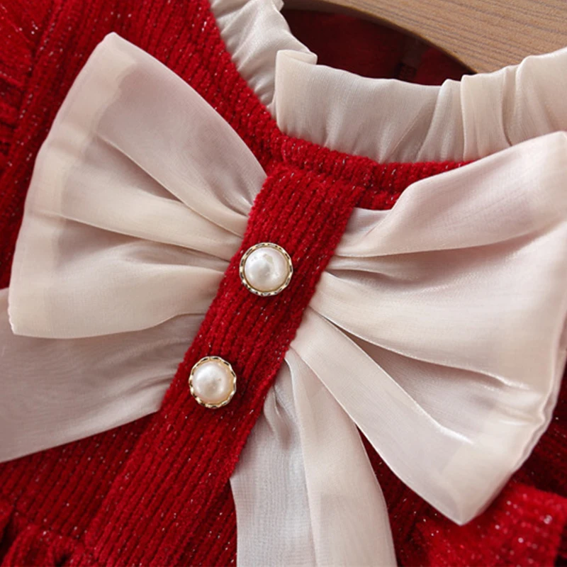 Ropa de invierno para niña pequeña, traje de lana de malla con lazo lindo coreano, vestidos de cumpleaños rojos de manga larga, vestido de lujo de princesa para recién nacido, BC847 - imagen 4