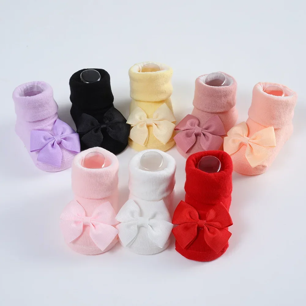 Calcetines de algodón para bebé recién nacido, conjunto de banda para el pelo, Diadema con lazo de cinta, calcetines transpirables, accesorios para bebés - imagen 5