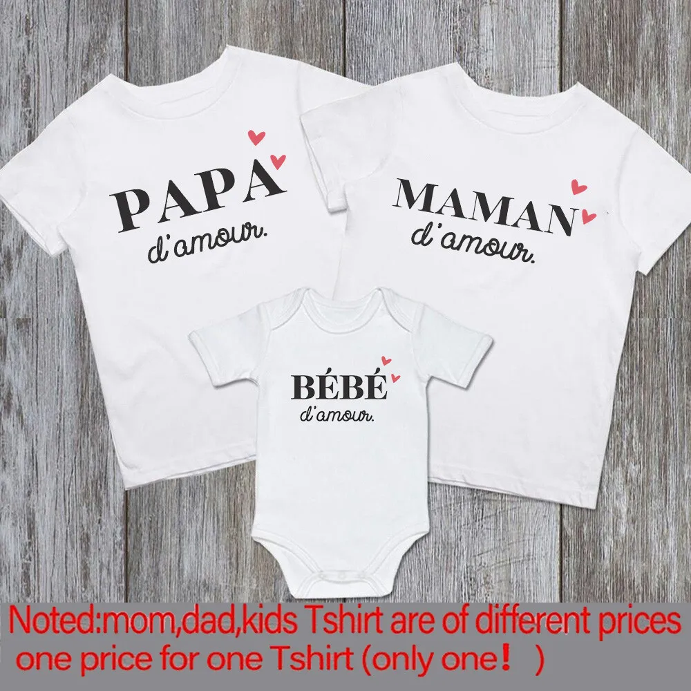 Ropa a juego con estampado de corazón de amor francés para la familia, traje a juego para papá, mamá y bebé, camisas para papá y mamá, Tops y mono para bebé - imagen 3