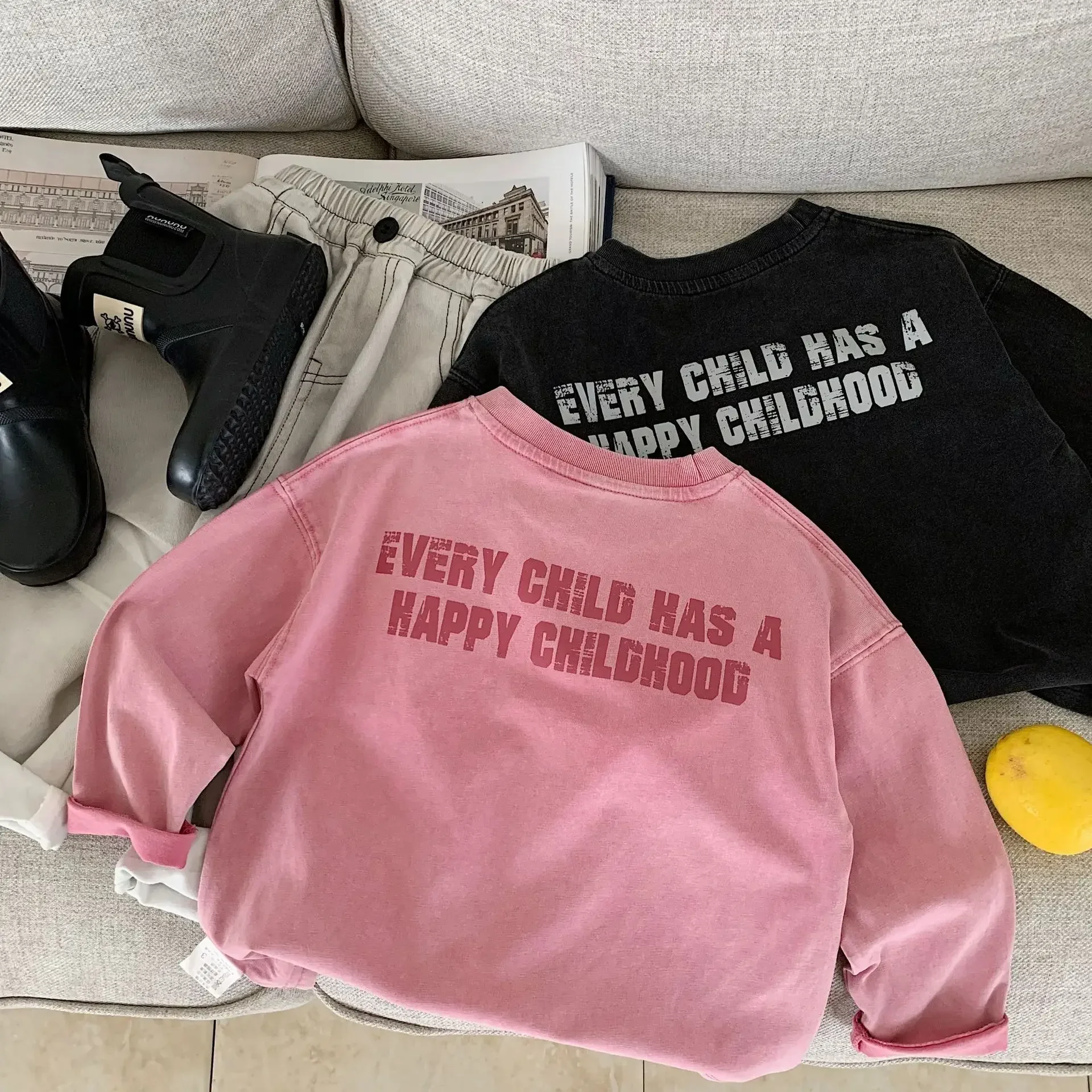 Camiseta de manga larga con estampado de letras para niños y niñas, camiseta holgada Vintage lavada, totalmente nueva de algodón puro, 2026 - imagen 3