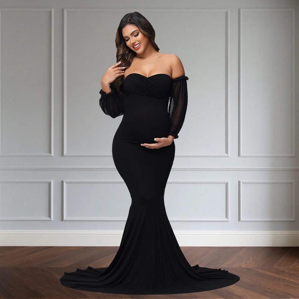 Vestido premamá de malla con hombros descubiertos
