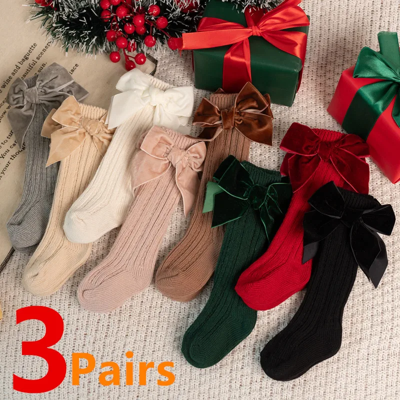 Primavera otoño, calcetines hasta la rodilla con lazo grande para niñas, calentadores de piernas sólidos de algodón para niños, calcetín largo de princesa para niños de 0 a 5 años