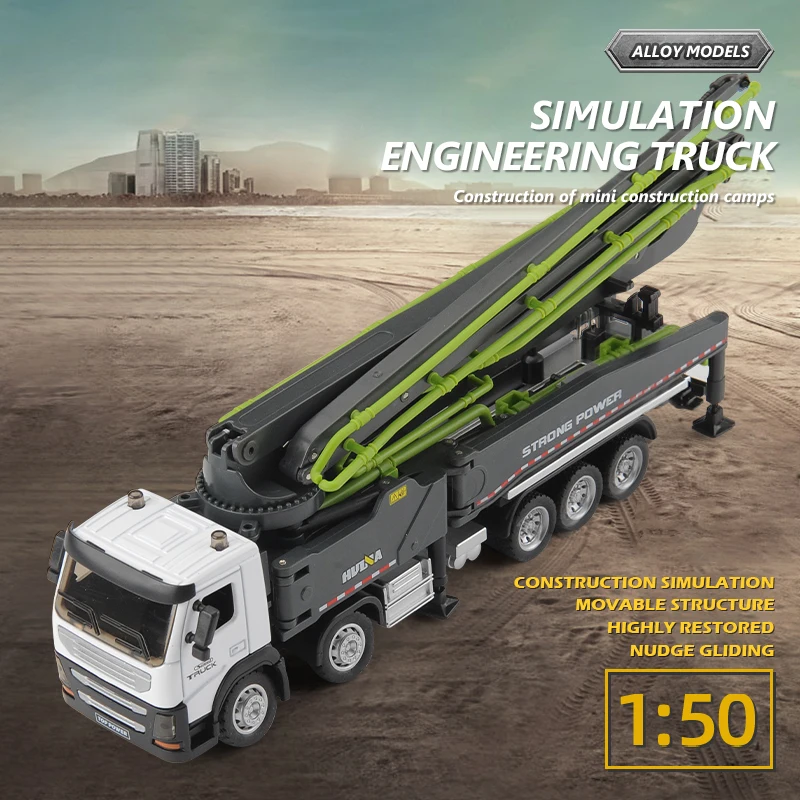 Huina-modelo 1:50 de aleación de Metal fundido a presión, bomba de hormigón, camión de juguete, grúa mezcladora, Simulación, Ingeniería de construcción, caja Original - imagen 2