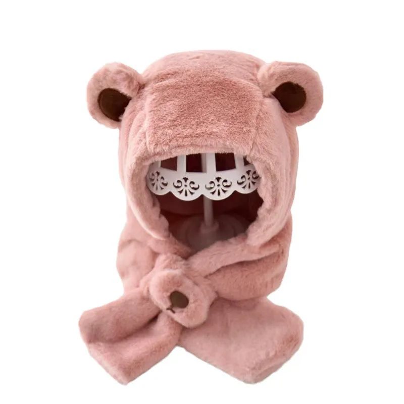 Gorro con protección para los oídos para niños de invierno, 1-3T, oso de dibujos animados, gorro y bufanda cálidos para niñas, gorro dulce integrado para niños pequeños - imagen 5