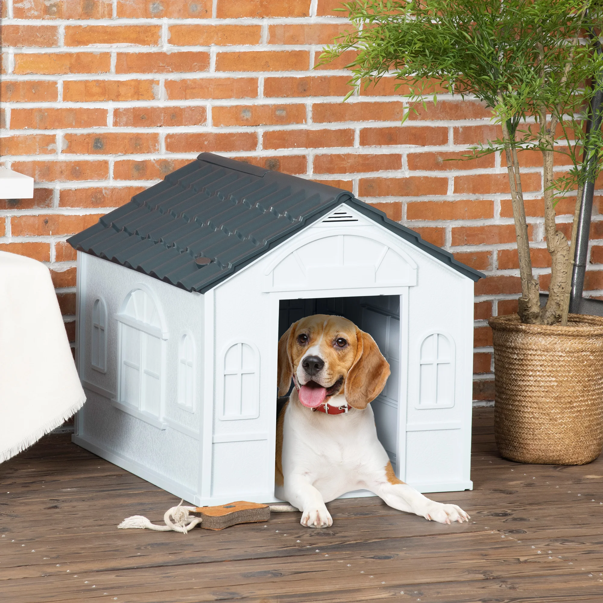 PawHut Caseta para Perros 65x75,7x63 cm Casa para Perros con Patrón de Ventana y Techo de Tejas de Imitación para Perros Medianos Gris y Blanco - imagen 2