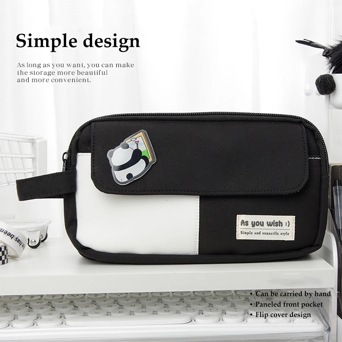 Bolsa de lápices Simple de gran capacidad con Panda de dibujos animados, bolsa de papelería portátil para estudiantes de secundaria con doble compartimento, verde/negro/púrpura - imagen 5