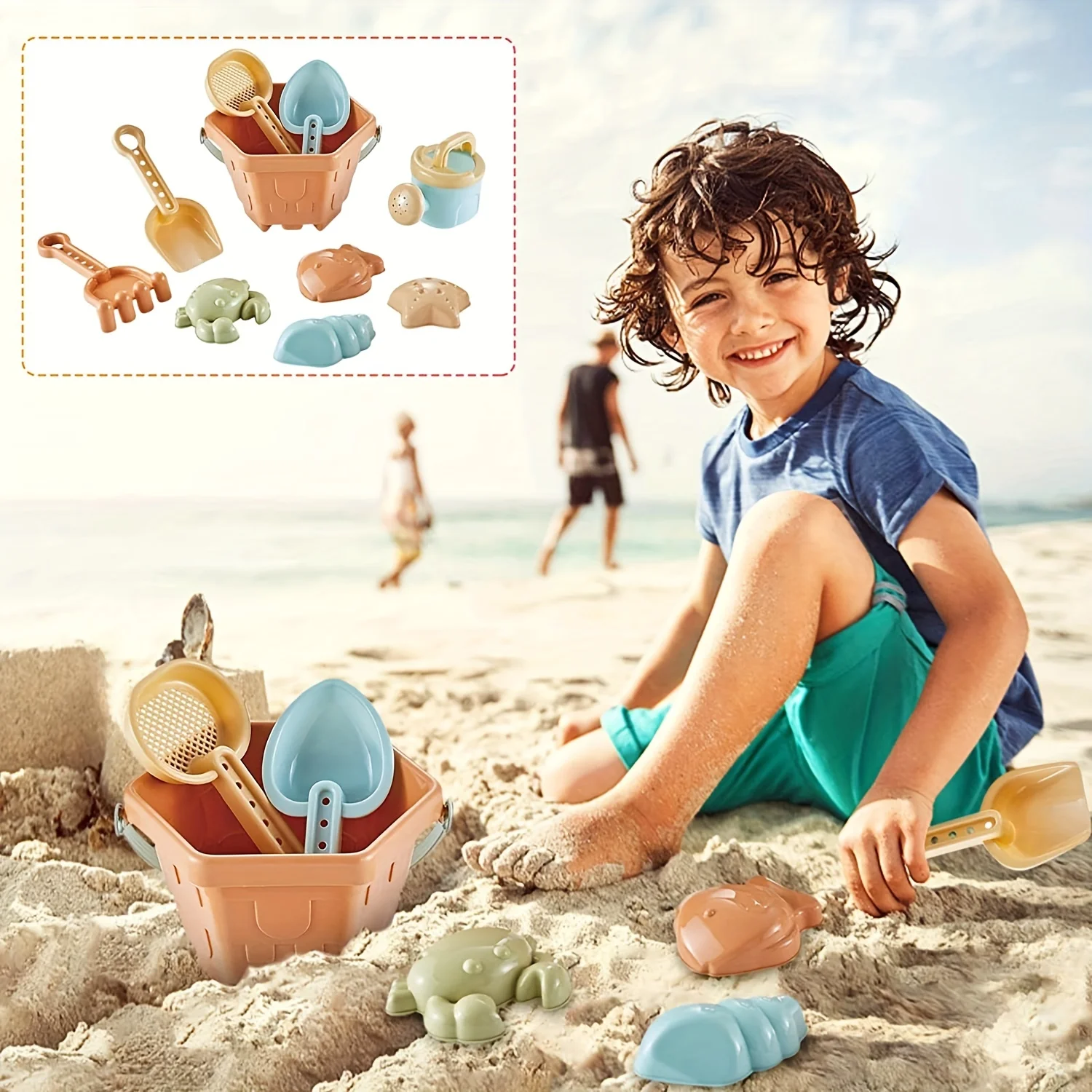 Juego de juguetes de arena de playa para niños pequeños, cubos de arena, Kits de herramientas de pala de playa, moldes de animales del océano al azar, caja de arena de lata de agua, juguetes para niños pequeños, 10 piezas - imagen 4