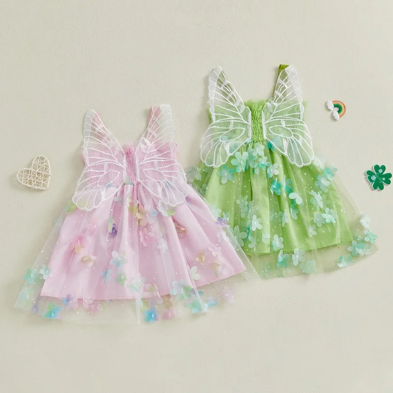 Suefunskry Vestido de verano para niña, sin mangas, con flores de mariposa, vestido de tul de corte A, vestido de princesa