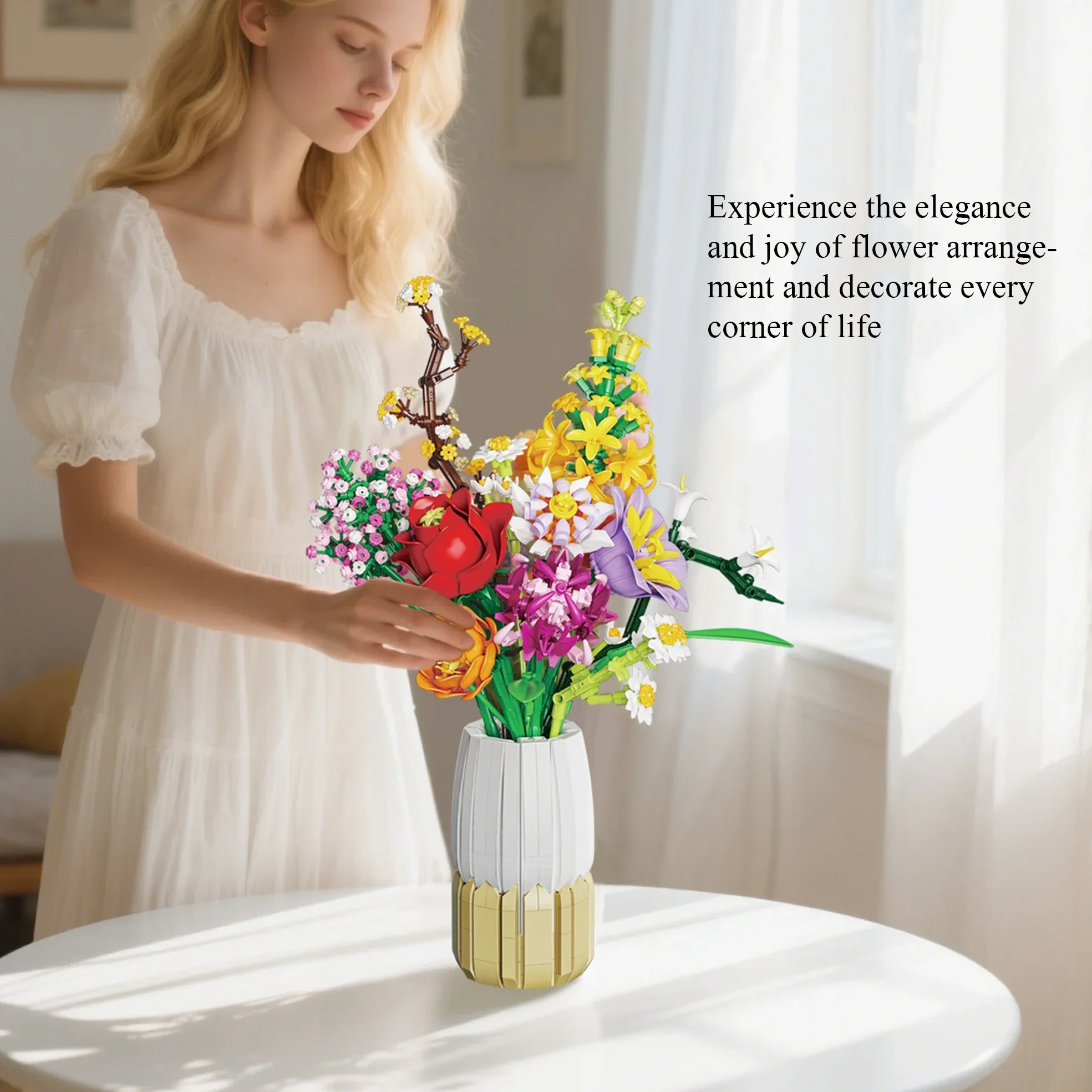 1458 Uds. Ramo romántico de bloques de construcción, rosa, Margarita, lirio, flor, modelo de ladrillo, regalo educativo DIY para niños y adultos, decoración del hogar - imagen 5