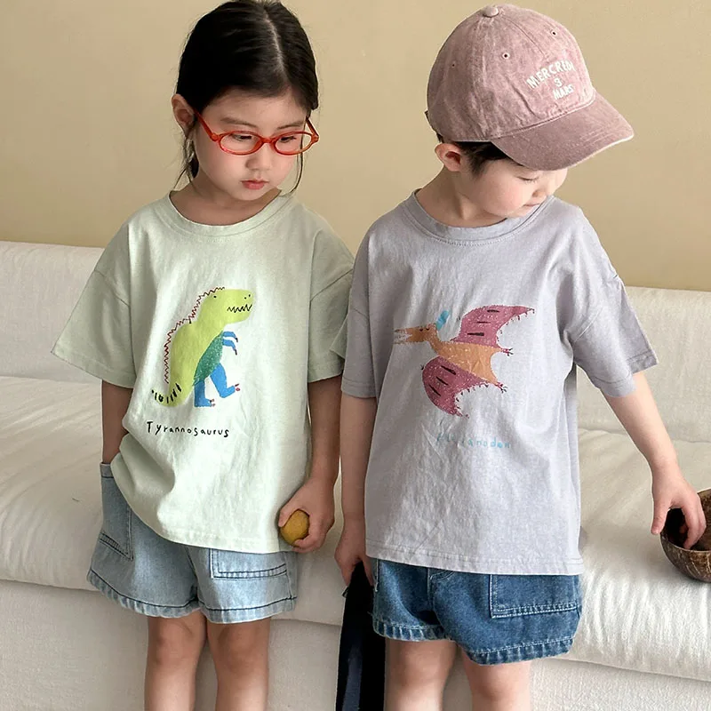 MILANCEL, nueva camiseta de verano para niños, camiseta con letras de dinosaurio de dibujos animados para niñas, camisetas holgadas de algodón para niños - imagen 2