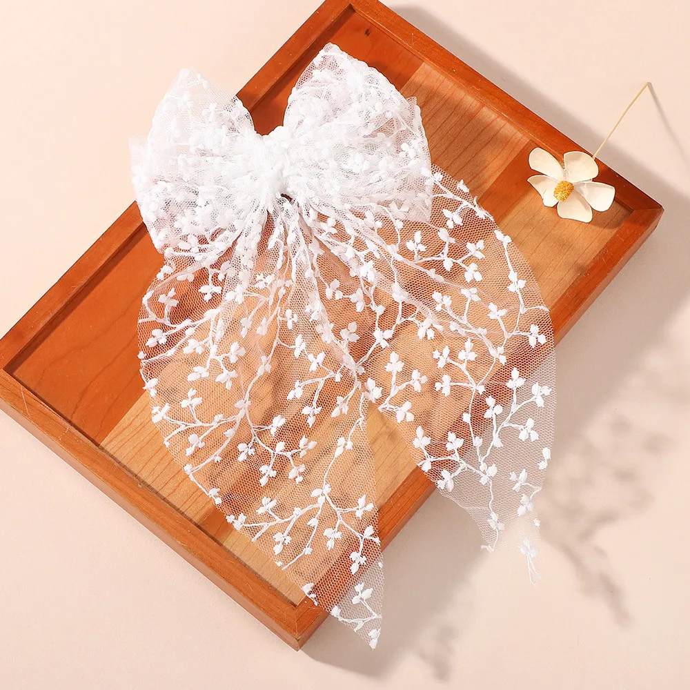 Pinza para el pelo de encaje con lazo largo elegante para niñas