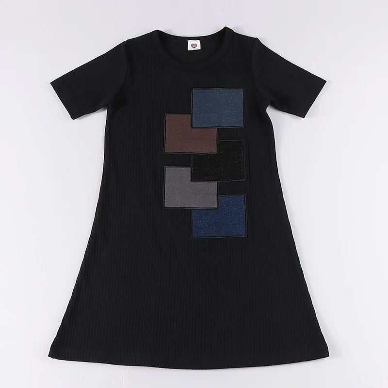 Vestido de verano para niñas, ropa de manga corta y larga para niños, vestidos para niñas, ropa para niños, Parche de mezclilla negra, cuello redondo - imagen 3