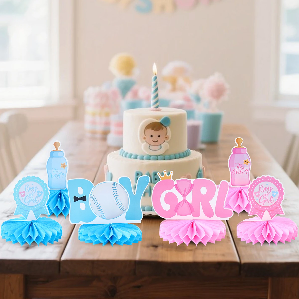 9 Uds. De decoraciones de mesa para revelar género de bebé, azul y rosa, centros de mesa de panal para revelar género de bebé, suministros para fiestas - imagen 5