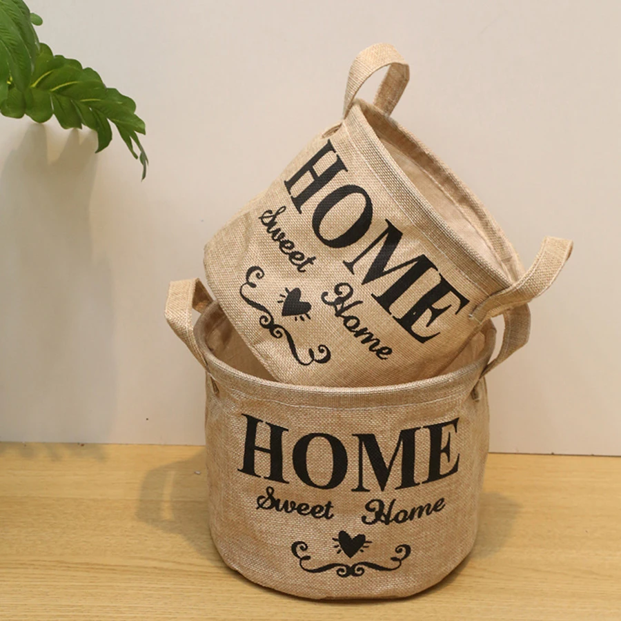 Cesta pequeña de escritorio con estampado de letras, caja de almacenamiento con marco redondo, cesta de almacenamiento con revestimiento impermeable plegable