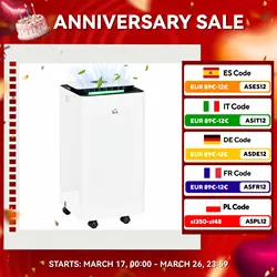 HOMCOM Deshumidificador Eléctrico 10L/día Depósito de Agua 2,5L Deshumidificador de Aire Silencioso con 5 Modos 2 Velocidades Pantalla LED Temporizador para Dormitorio Salón 25x25x50,5 cm Blanco