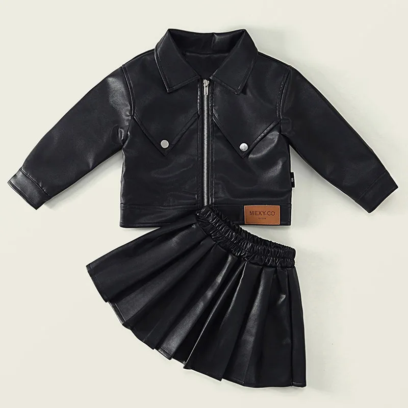 Conjuntos de trajes de otoño para niñas, moda coreana, Tops de manga larga de PU negros para bebés + falda, ropa de Boutique para niños, ropa para niños B300, 2 uds.