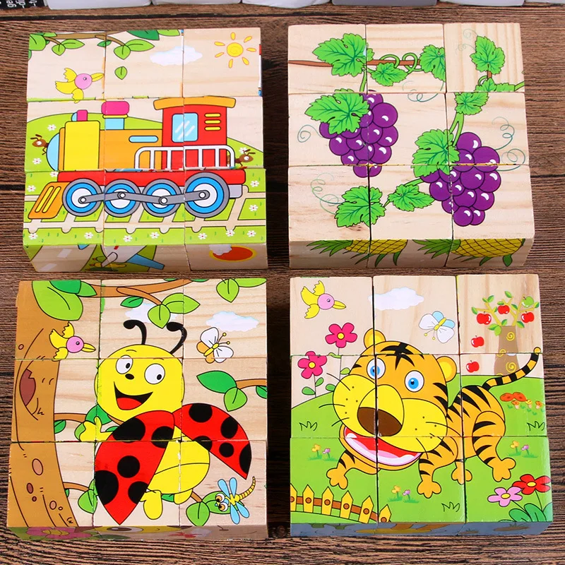 Bloques de madera para bebés, juguetes para niños, rompecabezas de seis cubos laterales, juego de animales, frutas, tráfico, juguete educativo de Aprendizaje Temprano - imagen 2