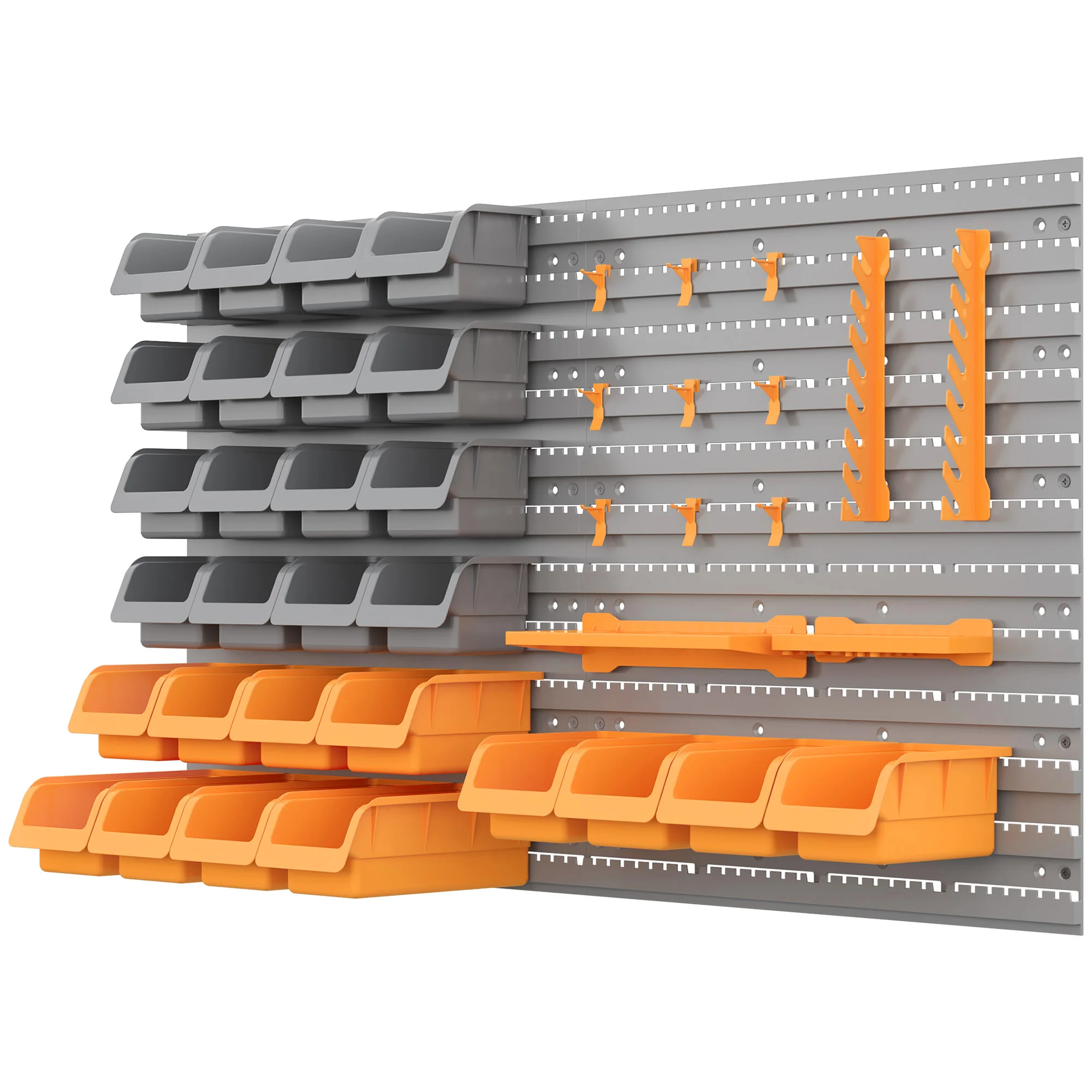 DURHAND Organizador de Herramientas de Pared de 44 Piezas 95x54 cm Estantería de Pared para Herramientas con 28 Cajas Apilables y Diferentes Ganchos Gris y Naranja