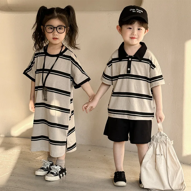 Ropa de hermano y hermana, vestido holgado a rayas para niñas o niños, camiseta de manga corta, pantalones cortos, conjunto para niños