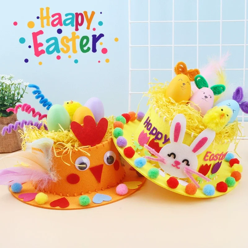 Sombreros de Pascua, Kit de manualidades DIY con decoraciones de plumas hechas a mano, conejito y polluelo para niños pequeños, fiesta de Pascua, accesorios para fotos de guardería