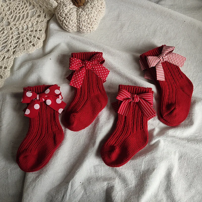 Calcetines de tubo medio para niñas con lazo, medias rojas cálidas 100% algodón para niños, calcetines de Navidad, regalos para niños de 0 a 8 años