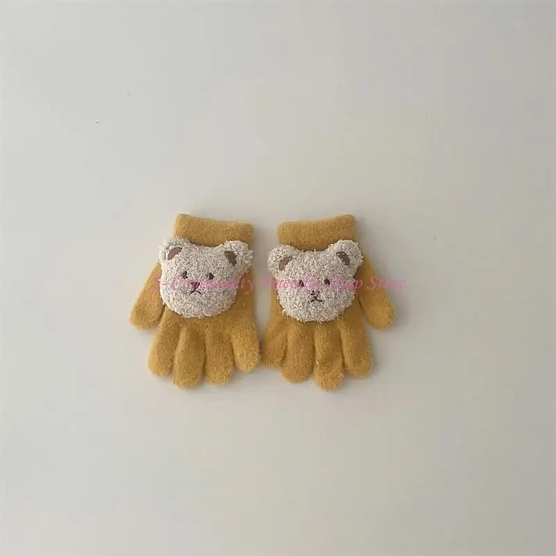 85AE Guantes tejidos invierno con dedos completos Patrón oso dibujos animados Manoplas cálidas Color sólido - imagen 2