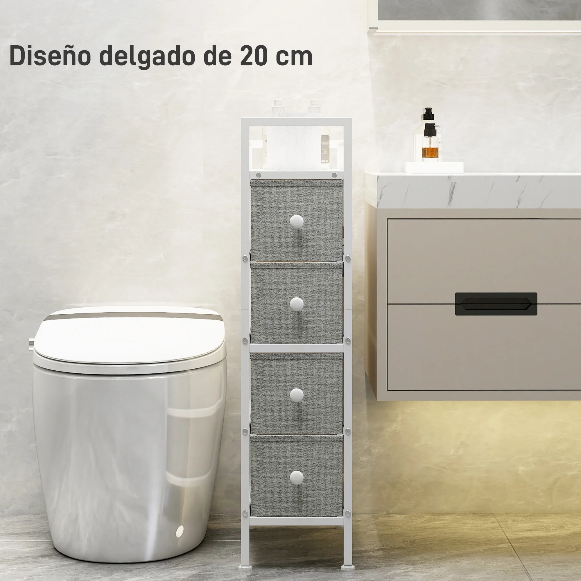 HOMCOM Cómoda con 4 Cajones de Tela, Cómoda para Dormitorio Estrecha con Marco de Acero, Cajonera para Espacios Pequeños, Sala de Estar, Vestidor, Baño, Gris Claro - imagen 4