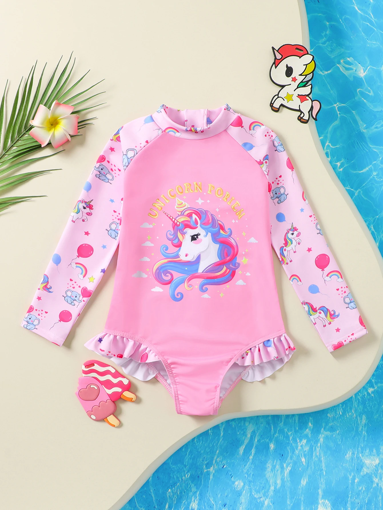 Traje de baño de manga larga con volantes de unicornio para niñas - imagen 4