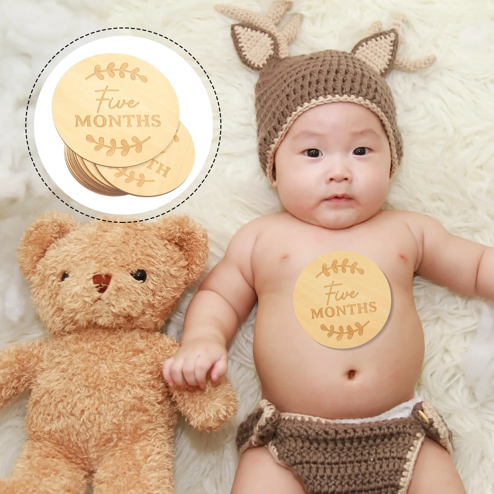 Tarjetas de hito de madera mensuales para bebé, marcador de crecimiento con diseño decorativo de dibujos animados, utilería para fotografía de recién nacido, tarjetas de madera de hito, 13 Uds.