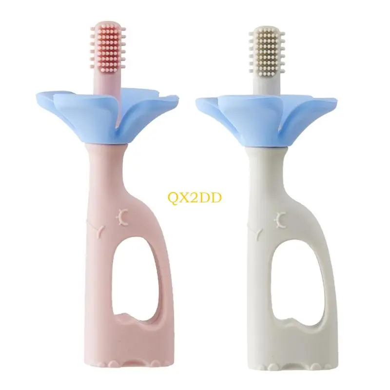 QX2D cepillo dientes silicona para bebé, mordedor doble propósito con tema elefante, higiene dental