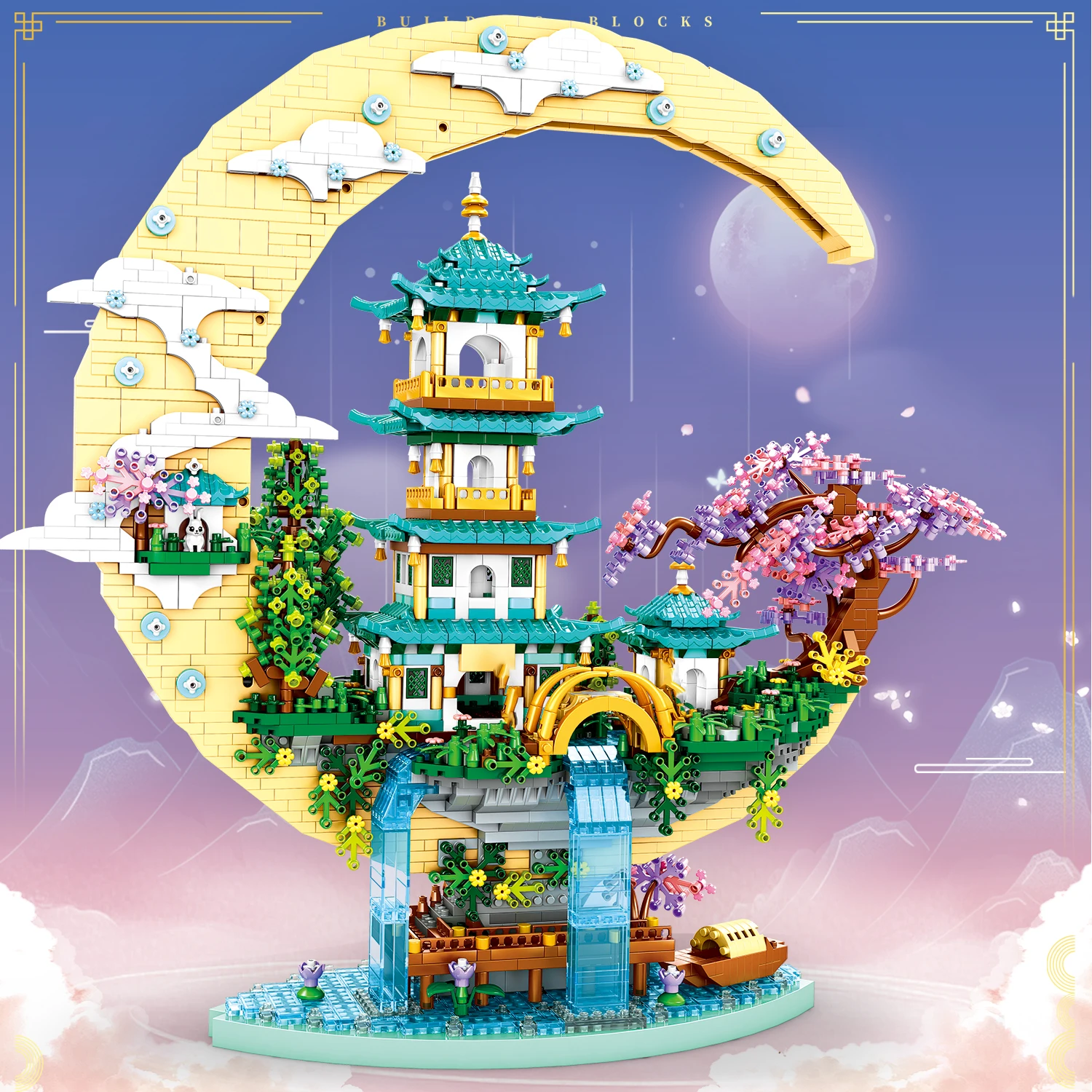 Bloques de construcción del palacio de la Luna Guanghan con luces, vista de la ciudad, bloques de modelismo, cascada de flores, montaje de casa, juguetes para niños, regalo de Navidad para niñas - imagen 5