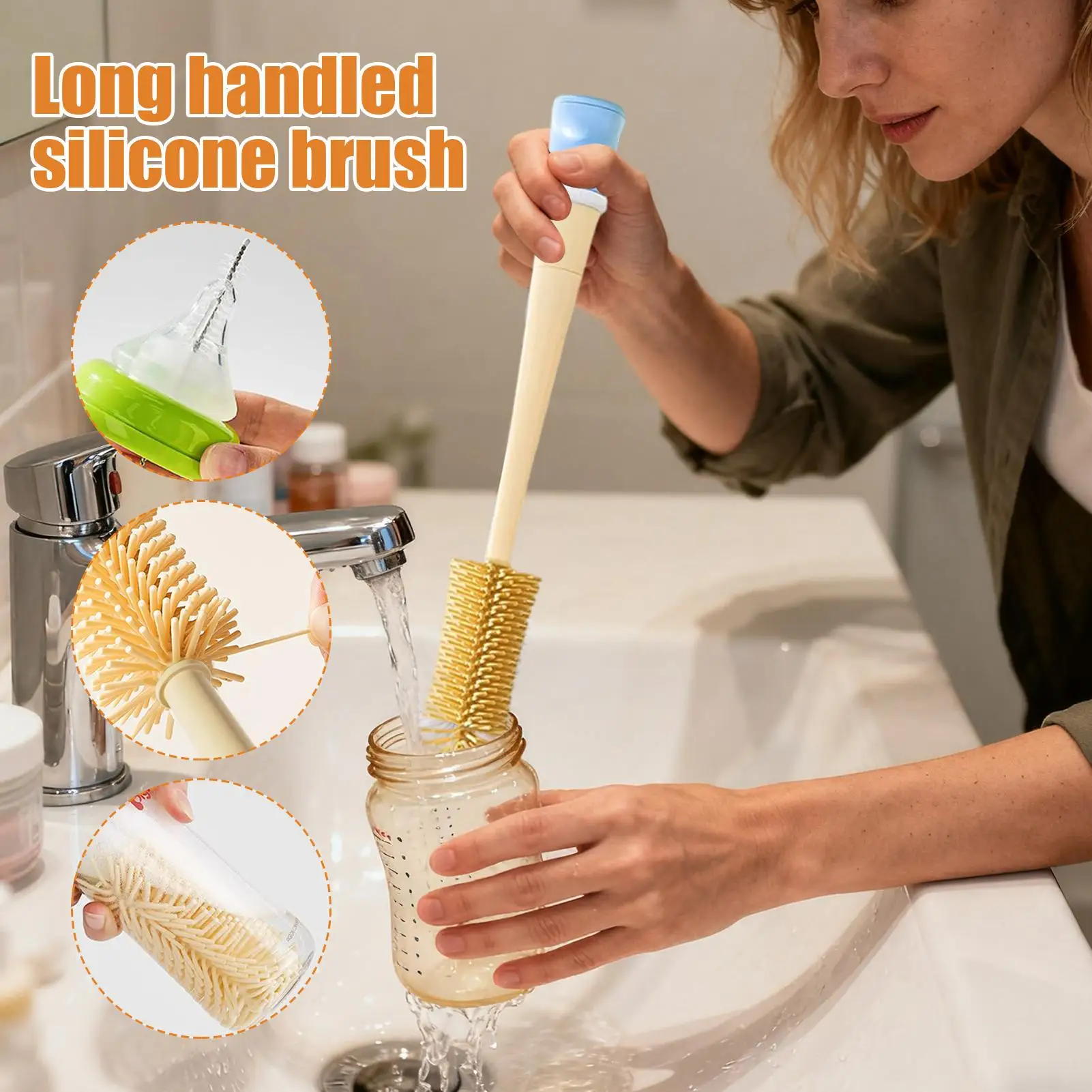 Cepillo para botellas 5 en 1, tazas con mango largo, herramientas de lavado, juego de cepillos para botellas de agua para exprimidores, tapas, pajitas, extractores de leche y pezones - imagen 3