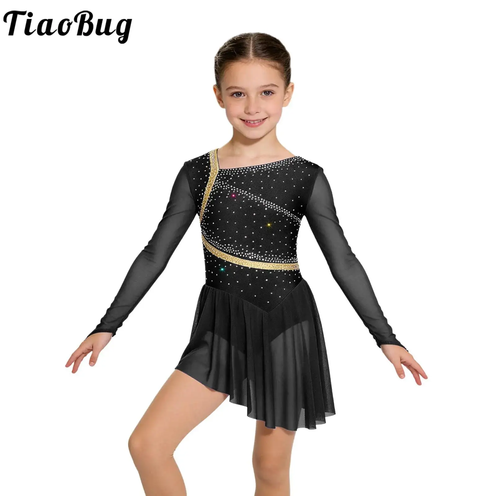 Vestido de ballet con pedrería brillante y tul de malla para niñas - imagen 5