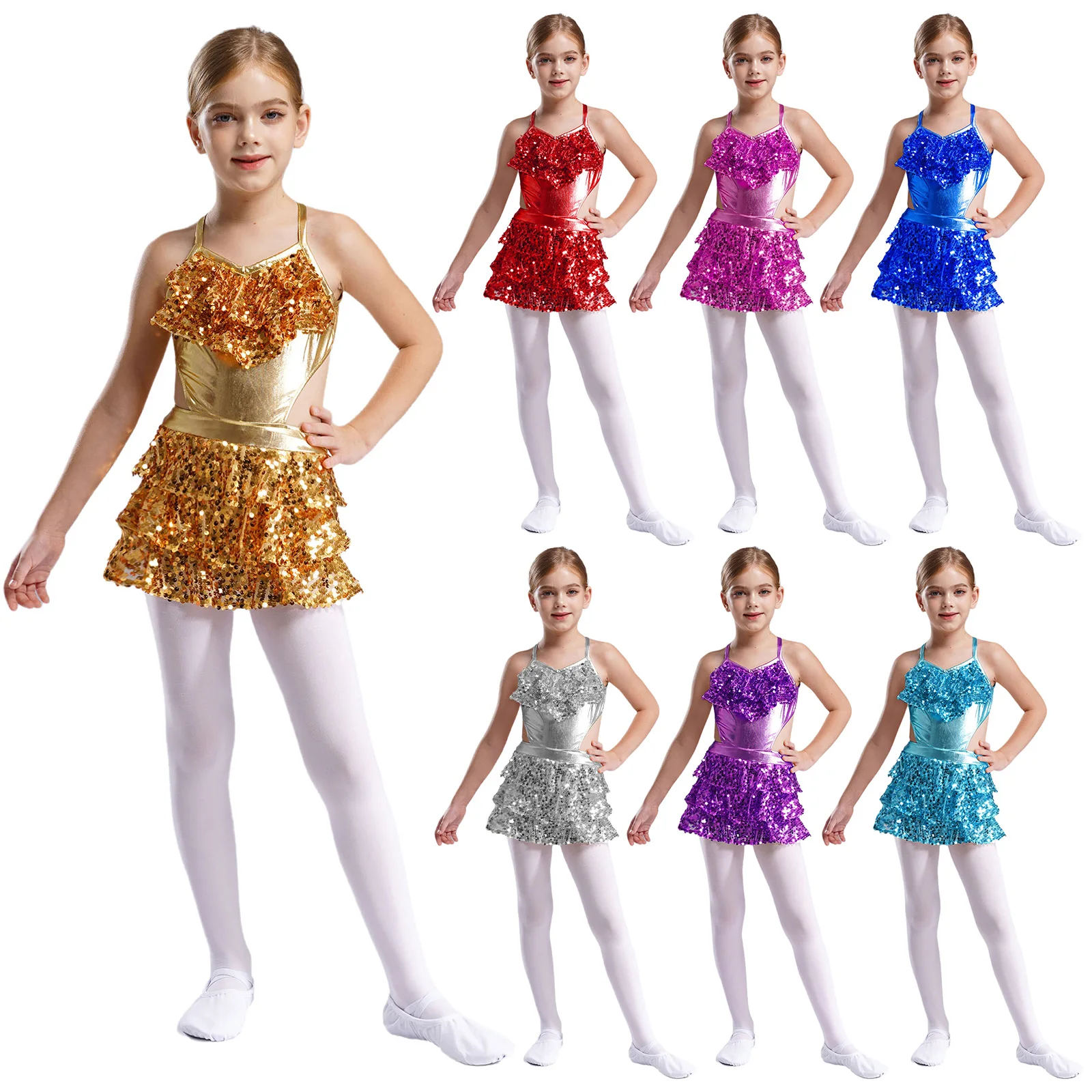 Vestido de ballet con lentejuelas para niñas – Volantes escalonados - imagen 5
