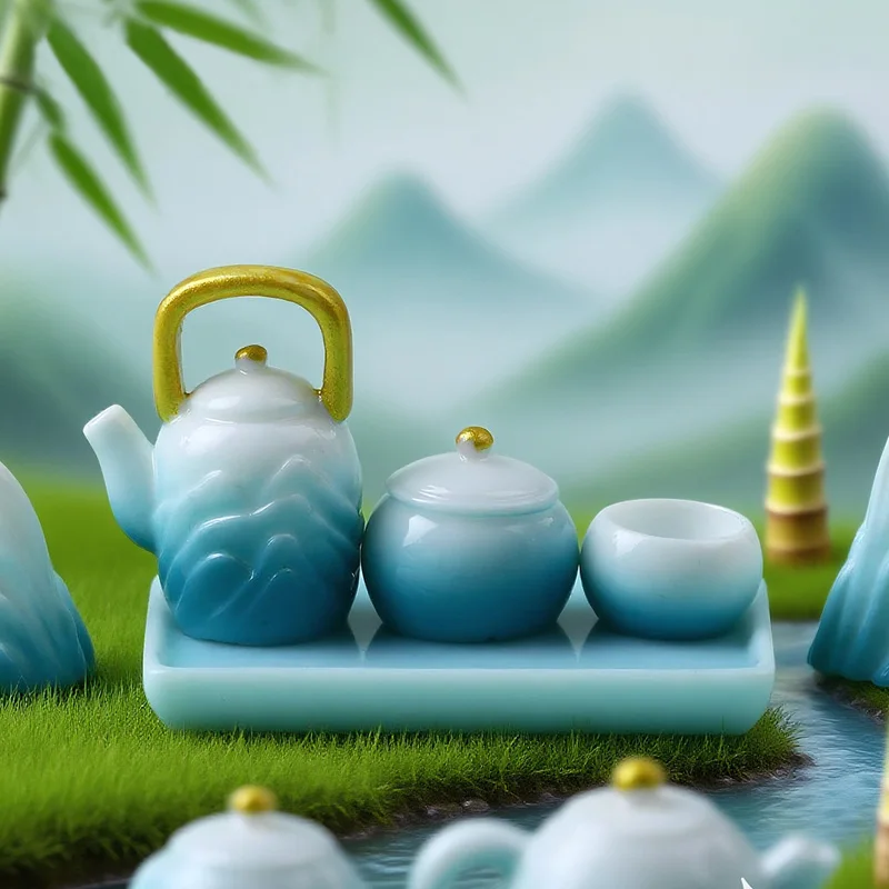 Juego de té con tinta estilo paisaje, estatuilla de piedra, decoración del hogar, casa de muñecas en miniatura, accesorios de decoración de jardín de hadas modernos, 9 Uds. - imagen 3