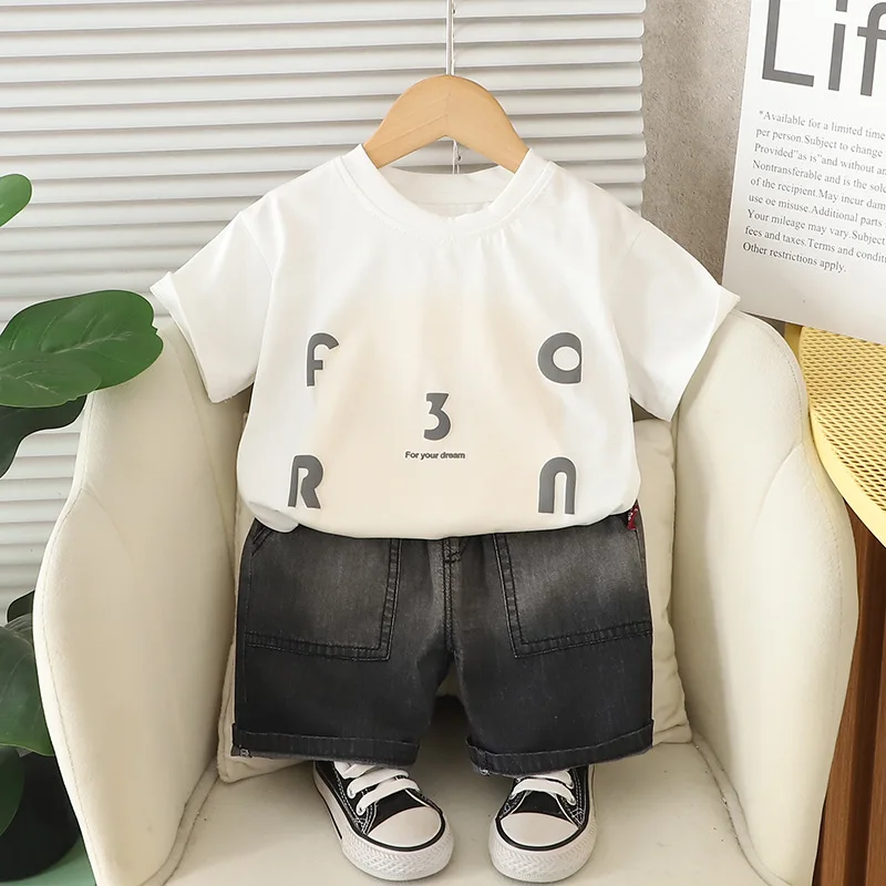 Conjunto verano niños coreano – camiseta algodón letras y vaqueros - imagen 3