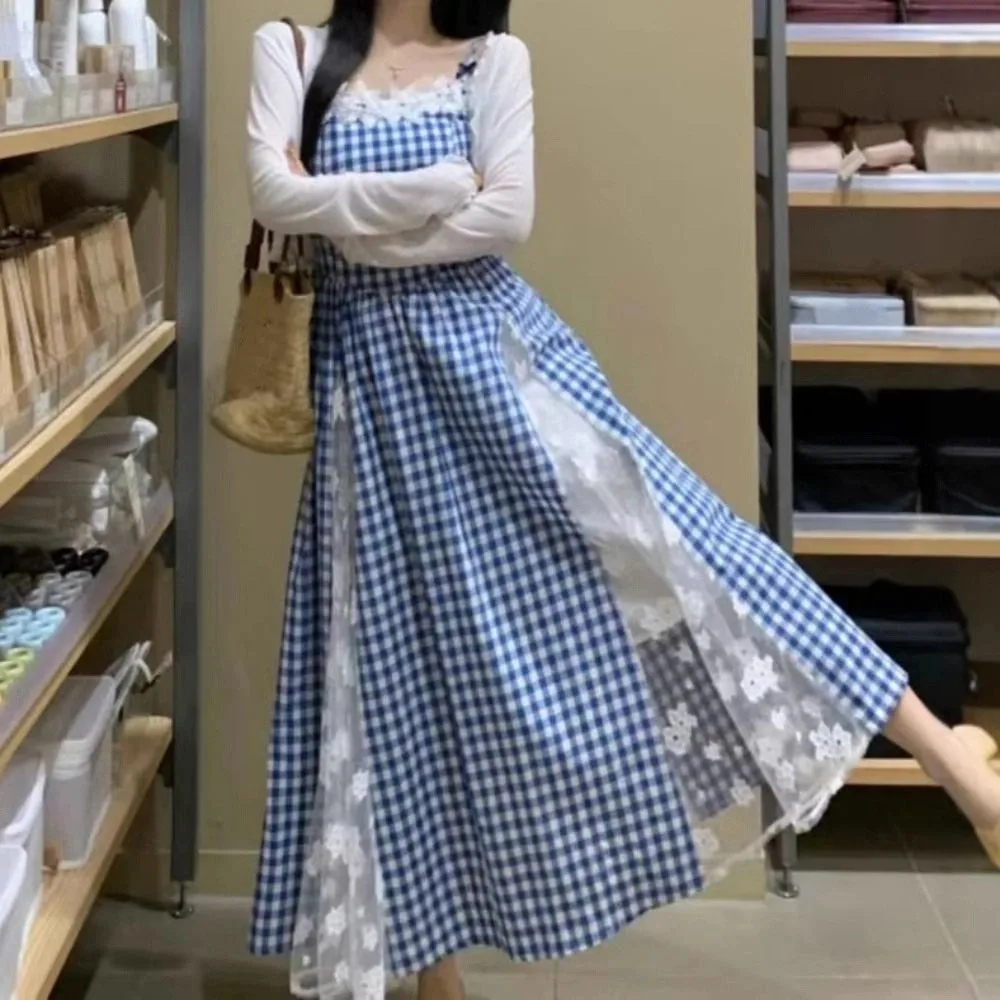 Vestido elegante a cuadros de princesa para niña, vestido de malla de encaje con tirantes para adolescentes, falda holgada sin mangas para niños, vestidos de verano - imagen 3