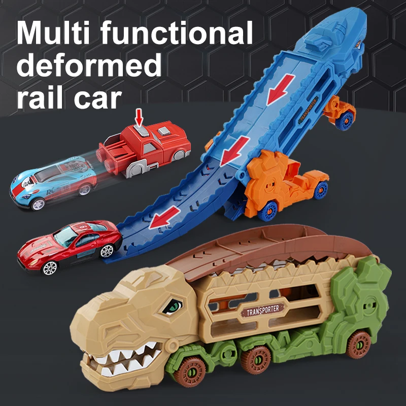 Contenedor de almacenamiento de aleación de tiranosaurio, vehículo de ingeniería, camión de pista transformable, juguete para niño, transporte por carretera plegable