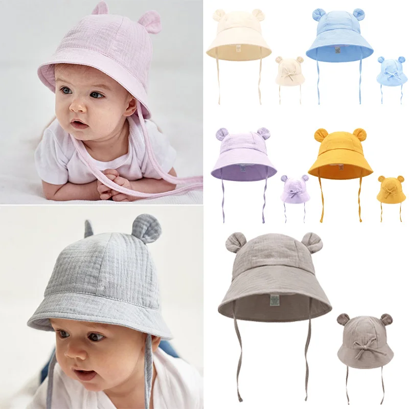 Sombrero de pescador para bebé, sombreros de cubo con Orejas de conejo de Color sólido, gorra infantil transpirable de algodón para recién nacido, sombrilla para exteriores, gorras de Panamá de 24 meses