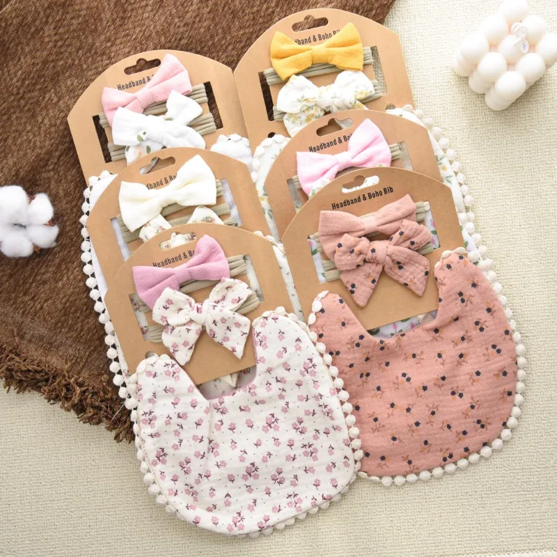 Conjunto de bebé de algodón de primera calidad: diadema con lazo de babero de gasa multicapa estampada, transpirable y agradable para la piel, accesorio bonito y esencial para bebé. - imagen 3