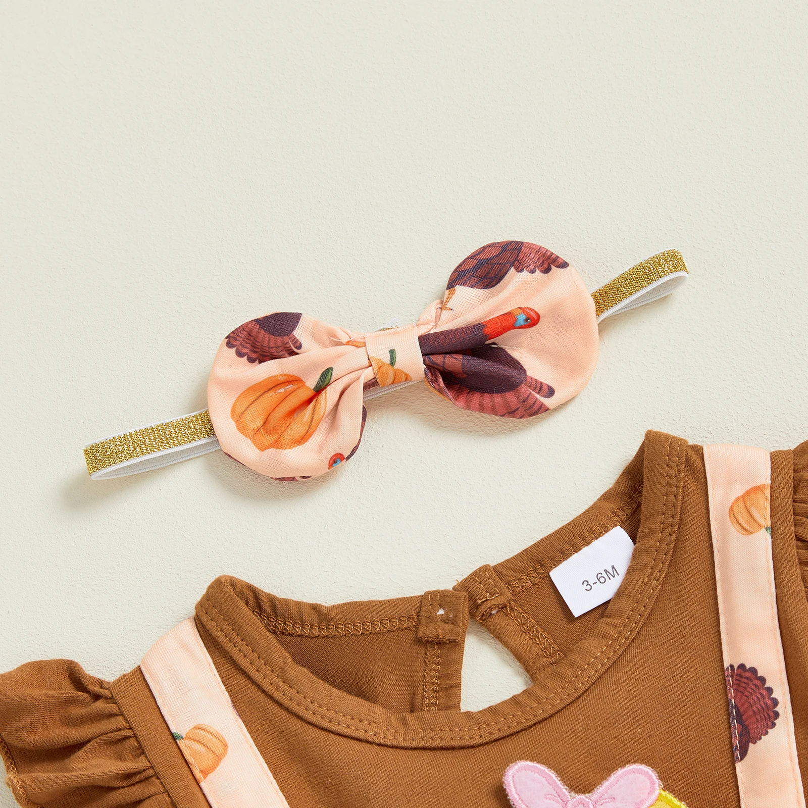 Traje de Acción de Gracias para niña de 0 a 18 meses, vestido mameluco de manga larga con volantes de pavo y diadema con lazo, conjunto de 2 piezas para otoño - imagen 4