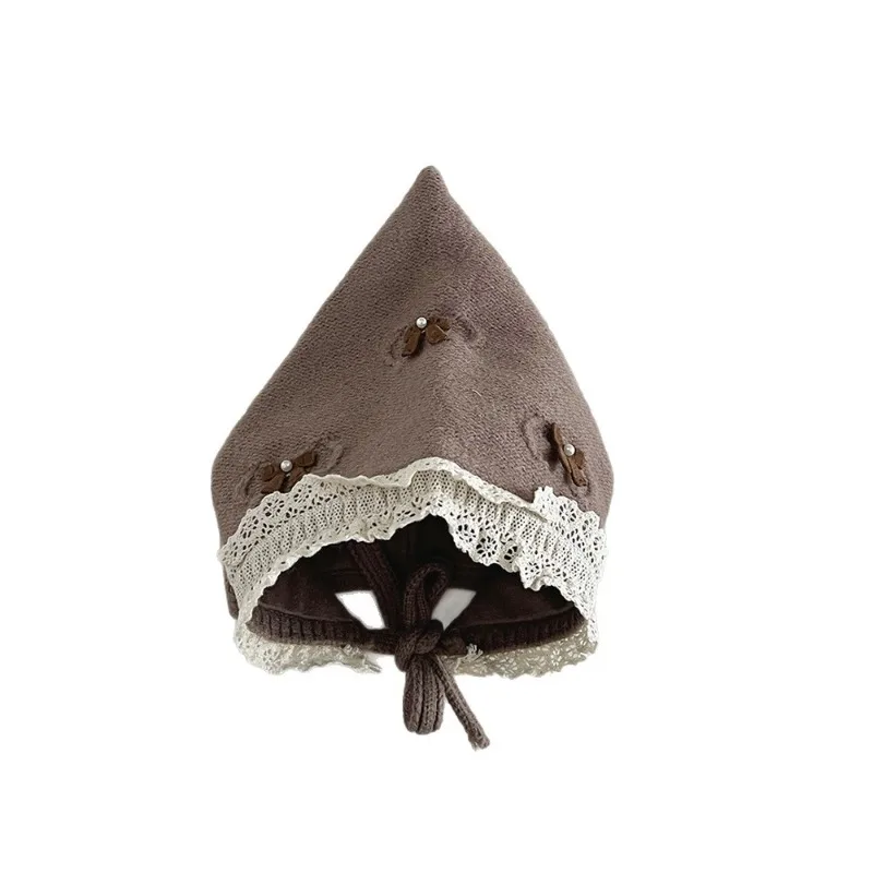 2025 Gorro de punto con lazo de encaje para bebé de dibujos animados, gorro cálido con protección para los oídos para niña, gorro de invierno de hilo suave con diseño Floral - imagen 5