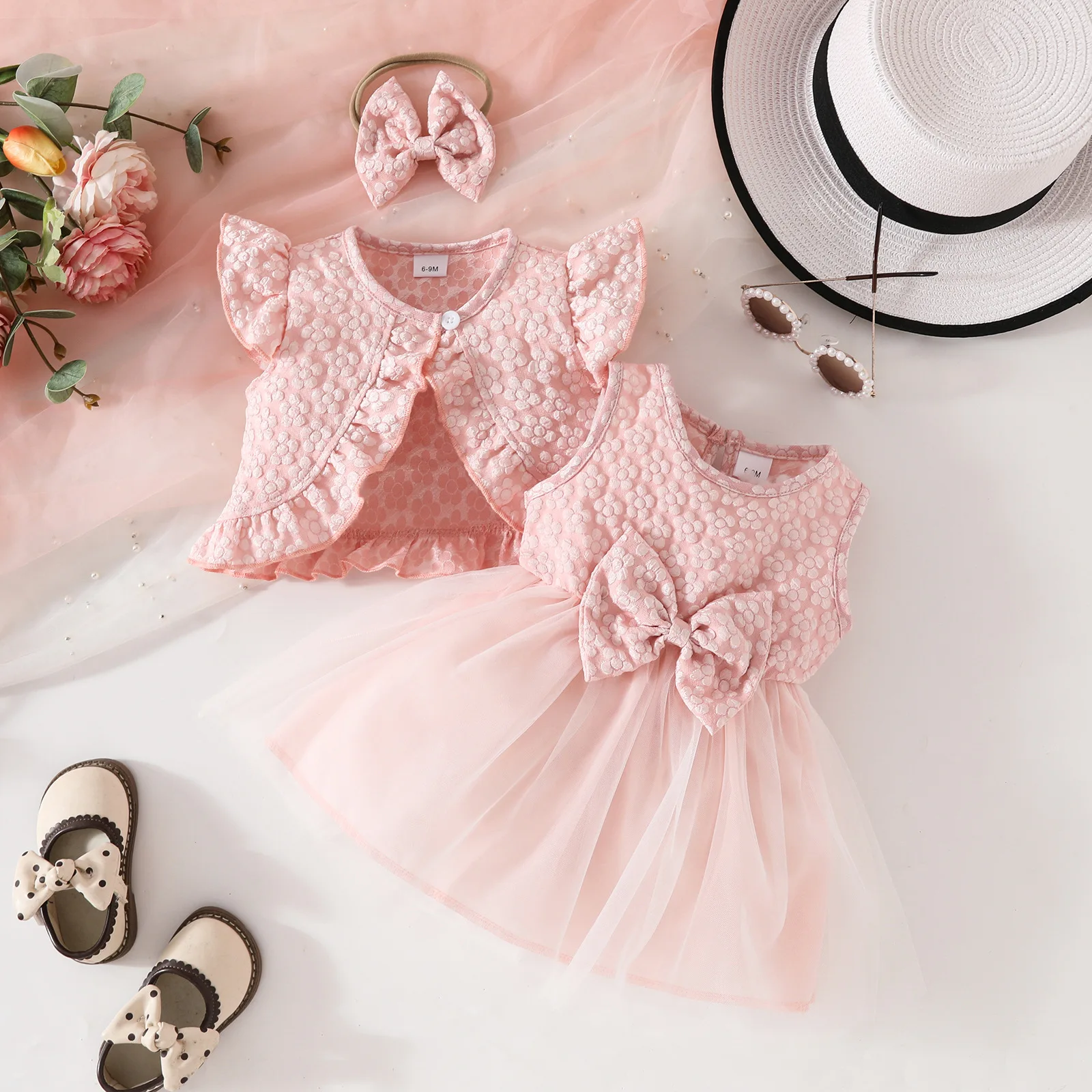 Ropa de verano de 3 piezas para niña, Tops coreanos con lazo de flores y vestido de princesa sin mangas de malla, conjuntos de artículos para recién nacidos B104 - imagen 4