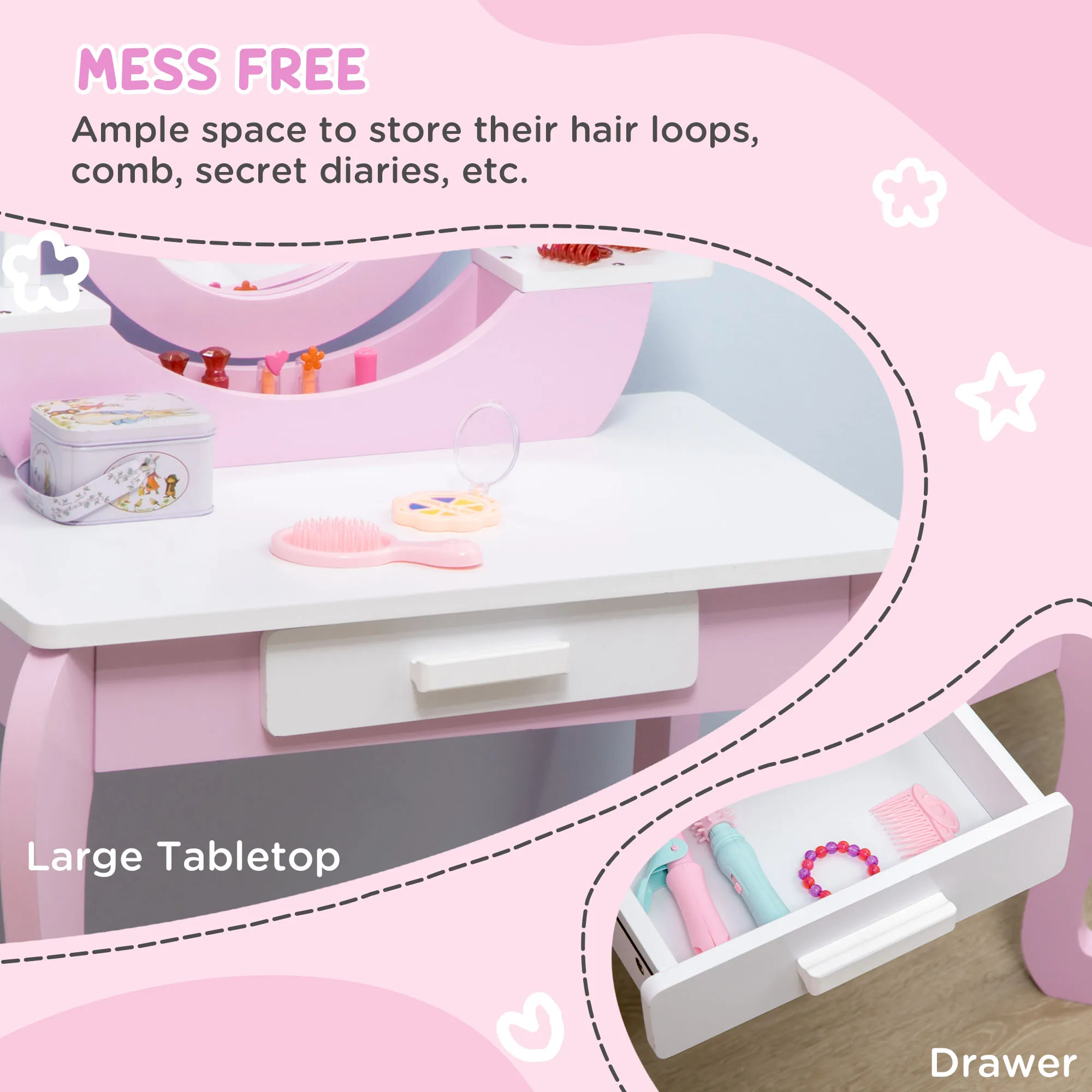 ZONEKIZ Tocador para Niñas con Taburete y Espejo Tocador Infantil de Madera con Cajón Centro de Belleza Mesa de Maquillaje para Niñas de 3-6 Años 65,5x46x93 cm Rosa - imagen 4