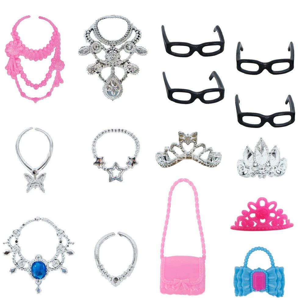 35 artículo/juego de accesorios para muñecas, 10 vestidos bonitos de moda mixta, 10 zapatos, 4 gafas, 6 collares, 2 bolsos, 3 coronas, vestido para muñeca Barbie - imagen 4